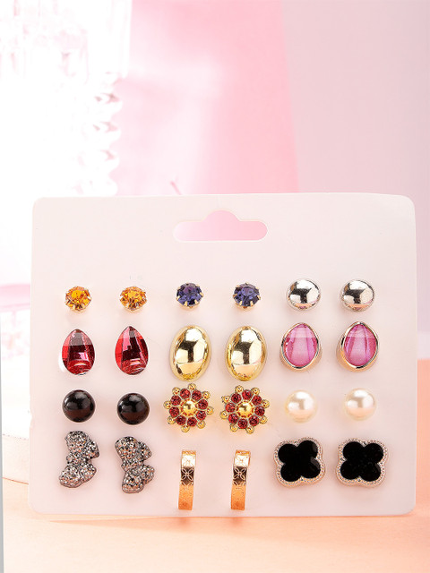 Bohey by KARATCART Set Of 12 Gold-Plated Contemporary Cubic Zirconia Studs Earrings