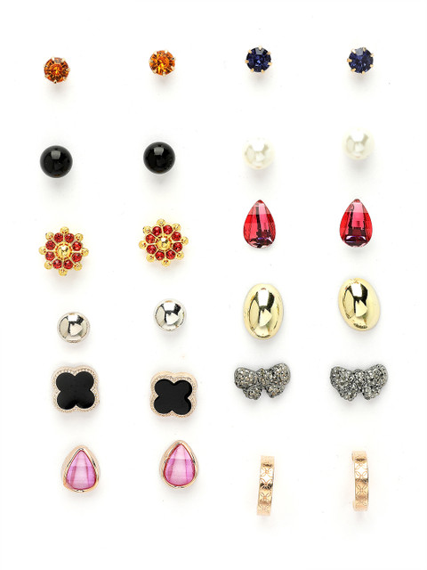 Bohey by KARATCART Set Of 12 Gold-Plated Contemporary Cubic Zirconia Studs Earrings - Image 2