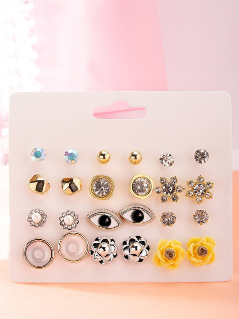 Bohey by KARATCART Set Of 12 Gold Plated Contemporary Studs