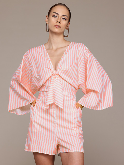 bebe Soft Romance Flared Sleeve Twisted Detail Striped Playsuit
