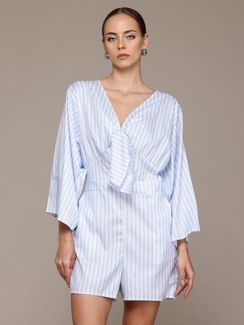 bebe Soft Romance Flared Sleeve Twisted Detail Striped Playsuit