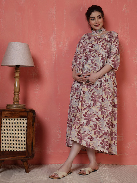 Nayo Floral Print Maternity Fit & Flare Midi Dress