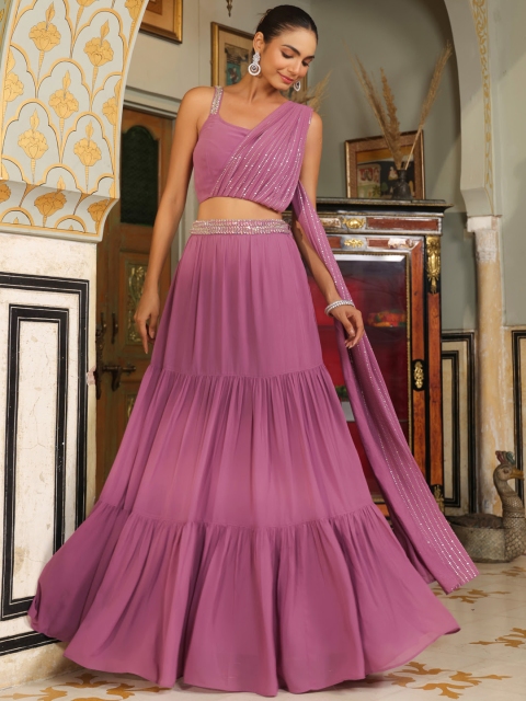 Janasya Women Georgette Embellished Tiered Lehenga with Choli & Attached Dupatta