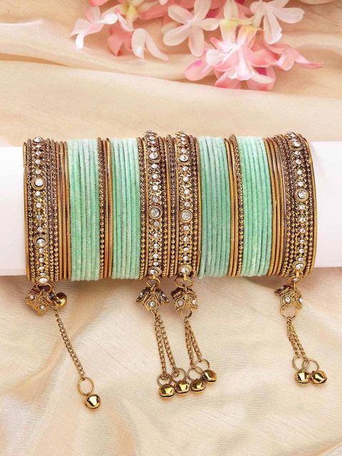 ZENEME Set Of 56 Gold-Plated Cubic Zirconia Studded Bangles