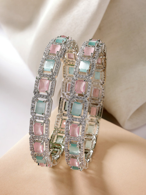 ZENEME Set Of 2 Rhodium Plated American Diamond Studded Bangle