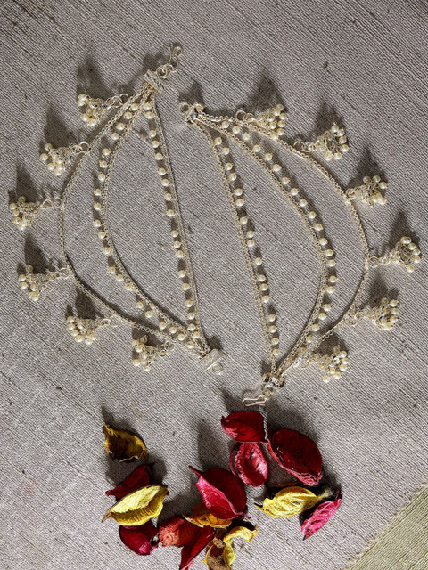 ZENEME Gold Plated Classic Layered Pearl Earchain With Jhumki Studded