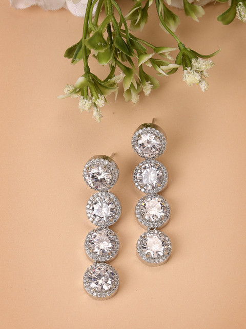 ZENEME Rhodium Plated Circular American Diamond Drop Earrings