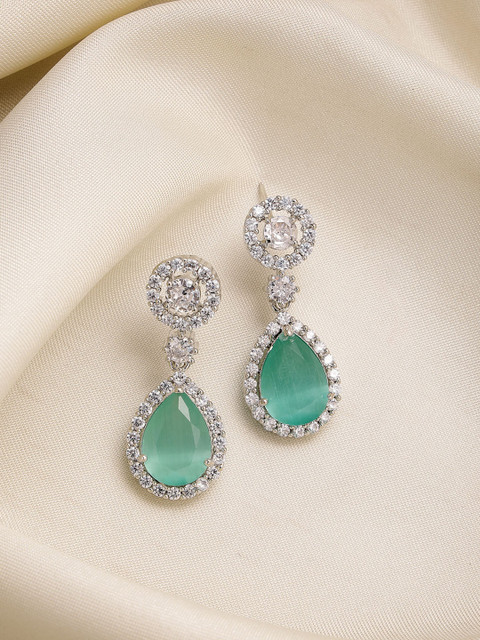 ZENEME Rhodium-Plated American Diamond Studded Geometric Drop Earrings