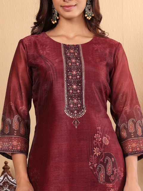 Varanga Floral Printed Sequinned Chanderi Silk Straight Kurta with Trousers & Dupatta - Image 3