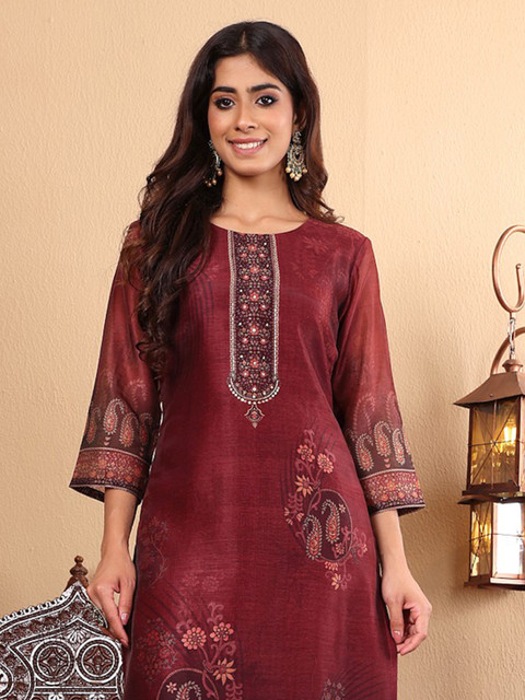 Varanga Floral Printed Sequinned Chanderi Silk Straight Kurta with Trousers & Dupatta