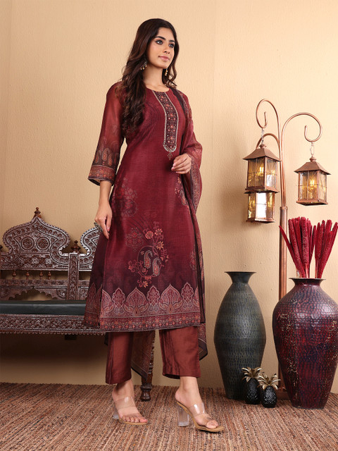 Varanga Floral Printed Sequinned Chanderi Silk Straight Kurta with Trousers & Dupatta - Image 5
