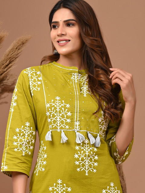 Rimeline Floral Printed Mandarin Collar Pure Cotton Straight Kurta