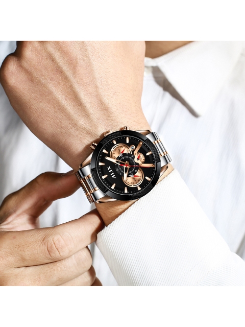 ALIX Men Brass Patterned Dial & Stainless Steel Bracelet Style Straps Analogue Chronograph Watch AL3012S - Image 5