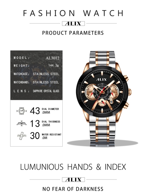 ALIX Men Brass Patterned Dial & Stainless Steel Bracelet Style Straps Analogue Chronograph Watch AL3012S - Image 4