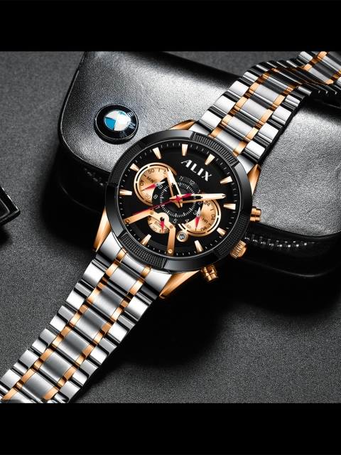 ALIX Men Brass Patterned Dial & Stainless Steel Bracelet Style Straps Analogue Chronograph Watch AL3012S - Image 7