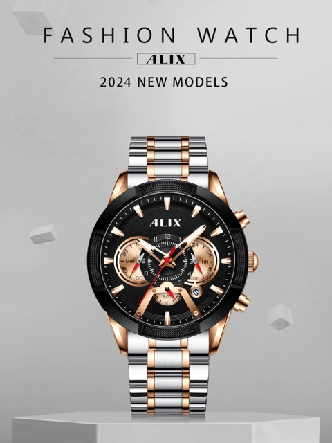 ALIX Men Brass Patterned Dial & Stainless Steel Bracelet Style Straps Analogue Chronograph Watch AL3012S - Image 6