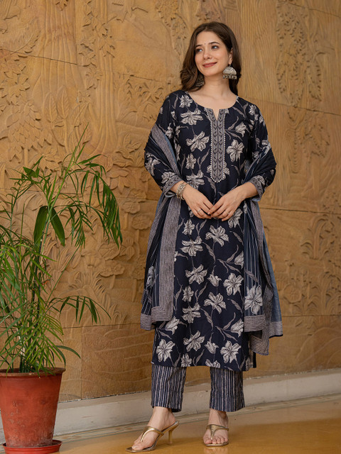 KALINI Floral Printed Gotta Patti Straight Kurta With Trouser & Dupatta - Image 5