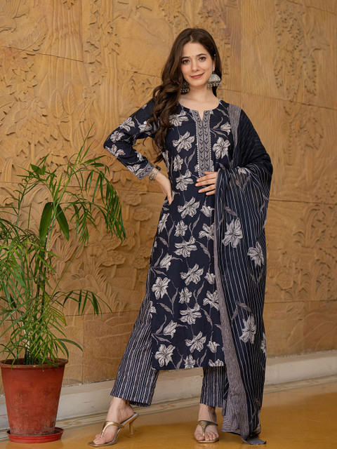 KALINI Floral Printed Gotta Patti Straight Kurta With Trouser & Dupatta - Image 2
