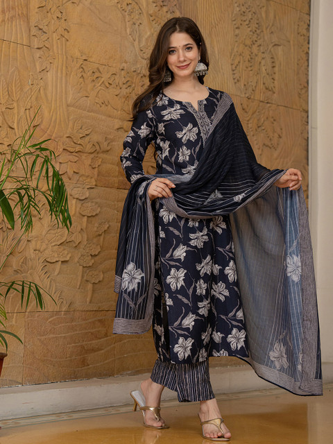 KALINI Floral Printed Gotta Patti Straight Kurta With Trouser & Dupatta - Image 7