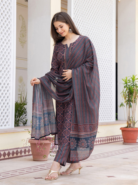 KALINI Ethnic Motifs Printed Regular Gotta Patti Straight Kurta with Trousers & Dupatta - Image 3