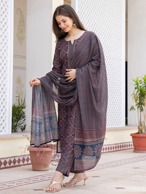 KALINI Ethnic Motifs Printed Regular Gotta Patti Straight Kurta with Trousers & Dupatta - Image 6