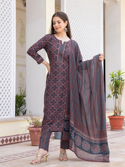 KALINI Ethnic Motifs Printed Regular Gotta Patti Straight Kurta with Trousers & Dupatta - Image 2