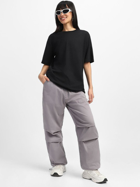 JUNEBERRY Women Black Solid Round Neck Relaxed Fit Pure Cotton Oversized Plus Size T-Shirt - Image 6