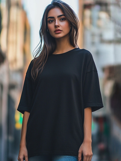 JUNEBERRY Women Black Solid Round Neck Relaxed Fit Pure Cotton Oversized Plus Size T-Shirt