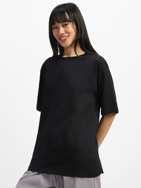 JUNEBERRY Women Black Solid Round Neck Relaxed Fit Pure Cotton Oversized Plus Size T-Shirt - Image 4