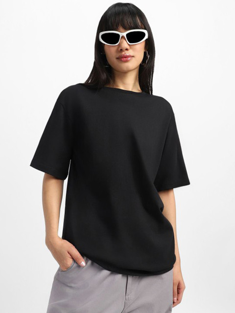 JUNEBERRY Women Black Solid Round Neck Relaxed Fit Pure Cotton Oversized Plus Size T-Shirt - Image 7