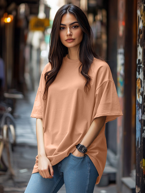 JUNEBERRY Women Brown Solid Round Neck Relaxed Fit Pure Cotton Oversized Plus Size T-Shirt