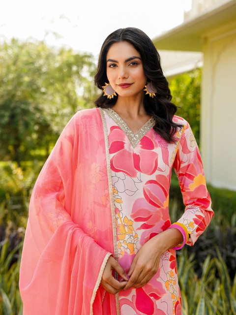 KALINI Floral Printed Regular Cotton Blend Kurta with Trousers With Dupatta