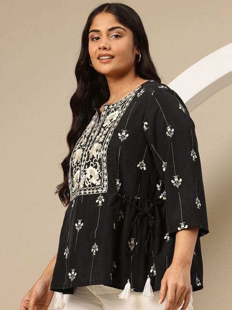 Sztori Plus Size Embroidered Tie-Up Detail Kurti - Image 4