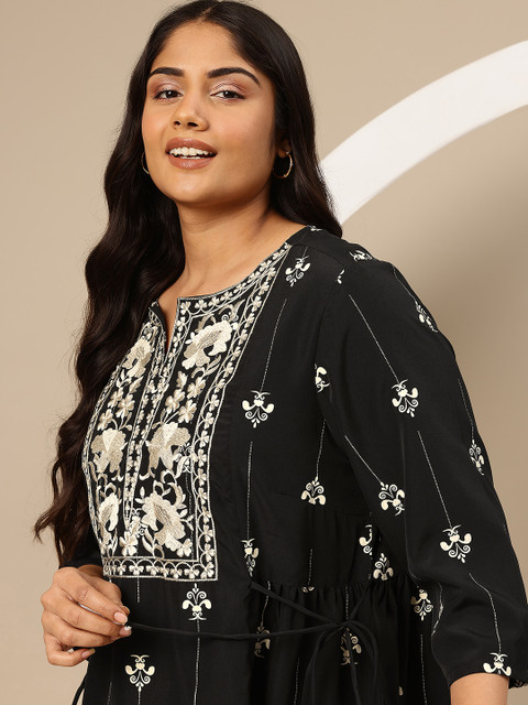 Sztori Plus Size Embroidered Tie-Up Detail Kurti - Image 2