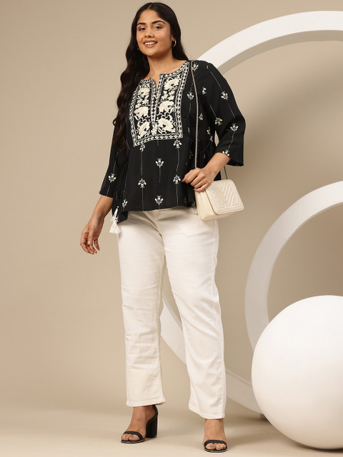 Sztori Plus Size Embroidered Tie-Up Detail Kurti - Image 6