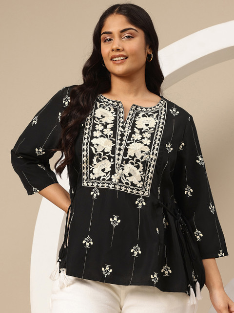 Sztori Plus Size Embroidered Tie-Up Detail Kurti - Image 3