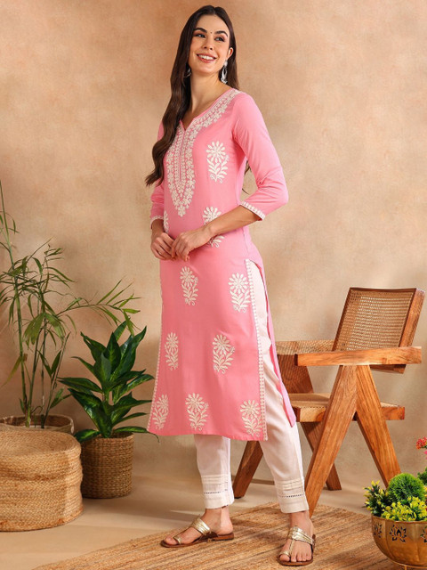 KALINI Floral Embroidered Notch Neck Chikankari Straight Kurta - Image 5