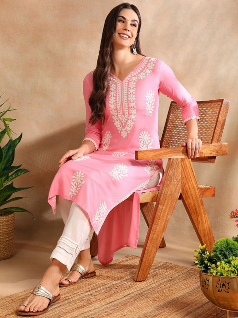 KALINI Floral Embroidered Notch Neck Chikankari Straight Kurta - Image 7