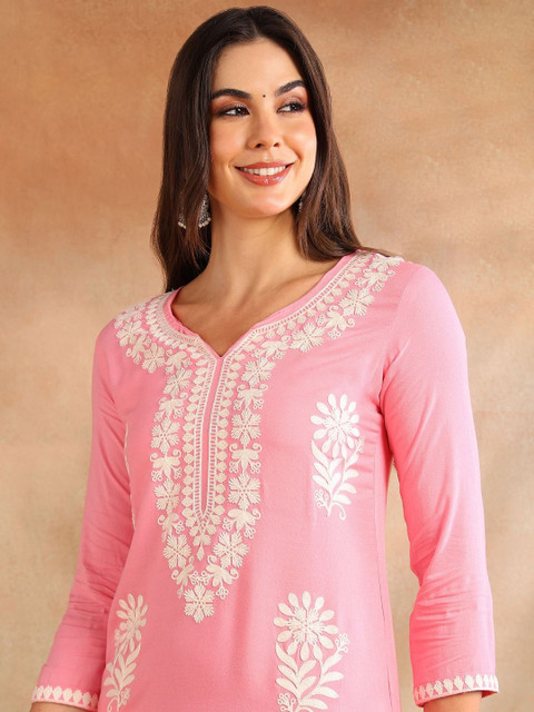 KALINI Floral Embroidered Notch Neck Chikankari Straight Kurta - Image 3