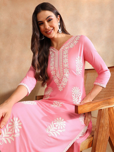 KALINI Floral Embroidered Notch Neck Chikankari Straight Kurta