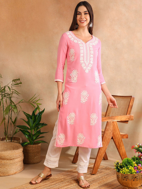 KALINI Floral Embroidered Notch Neck Chikankari Straight Kurta - Image 2