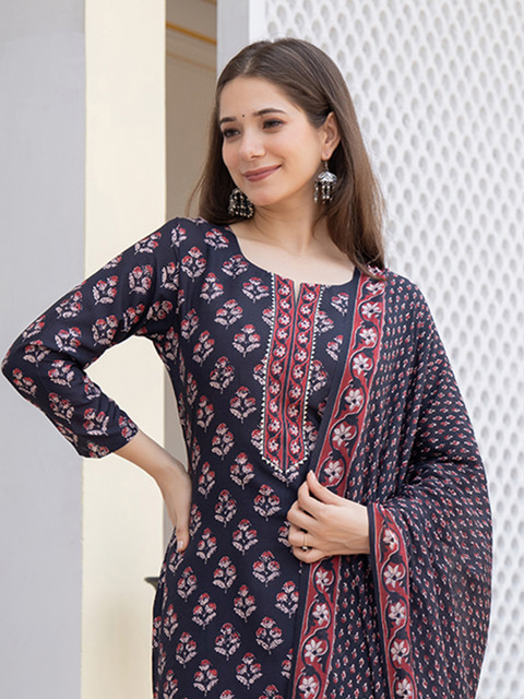 KALINI Floral Printed Round Neck Straight Kurta With Trousers & Dupatta