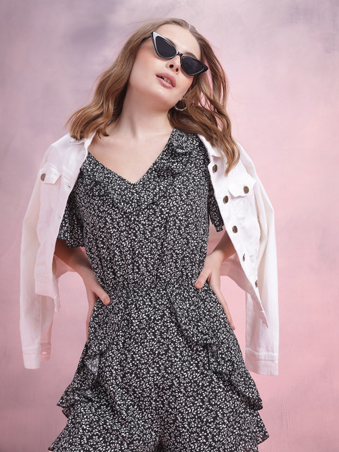 DressBerry Floral Printed Flared Sleeves Playsuit with Ruffled Detail