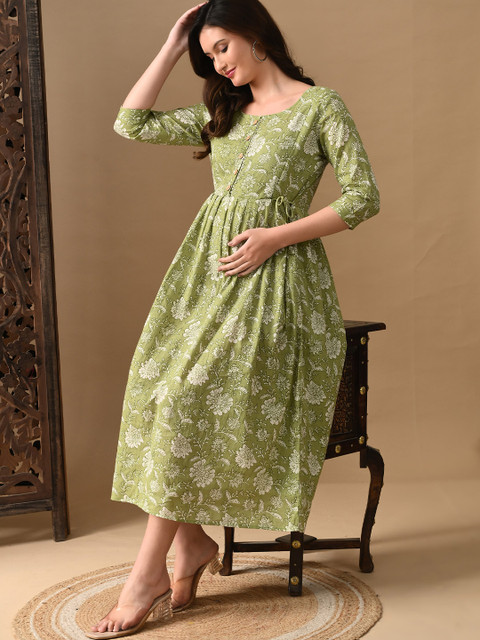 MURLI KURTI Floral Printed Gathered or Pleated Cotton A-Line Ethnic Dress