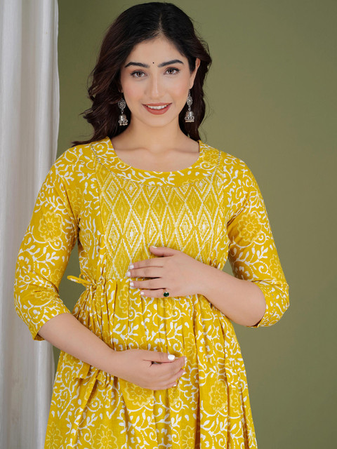MURLI KURTI Floral Printed Round Neck Cotton Fit and Flare Maternity Ethnic Dress