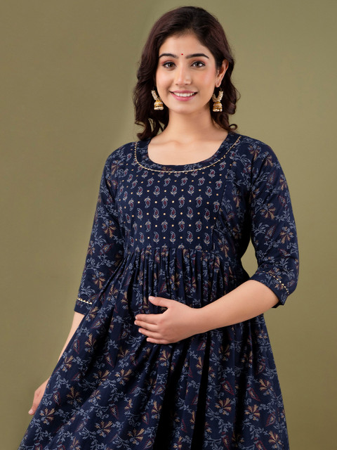 MURLI KURTI Floral Printed Round Neck Fit and Flare Maternity Ethnic Dress