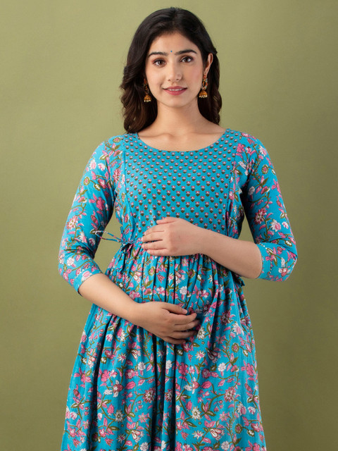 MURLI KURTI Floral Printed Round Neck Cotton Fit and Flare Maternity Ethnic Dress