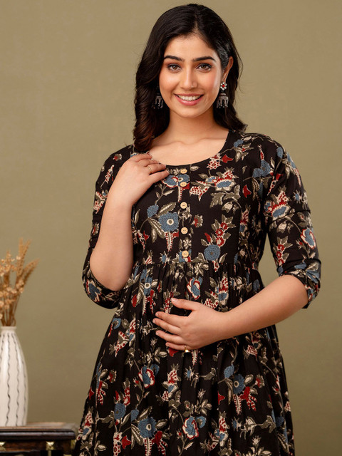 MURLI KURTI Floral Printed Round Neck Fit and Flare Cotton Ethnic Dresses