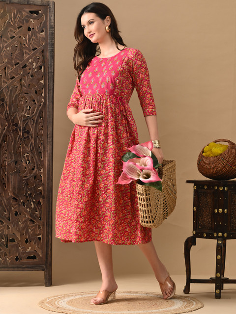 MURLI KURTI Floral Printed Gathered or Pleated Cotton A-Line Ethnic Dress