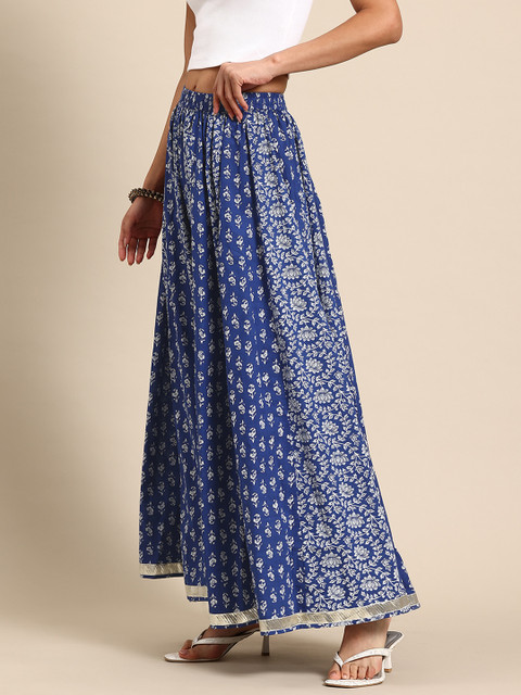 anayna Floral Printed Pure Cotton Flared Maxi Skirt - Image 2